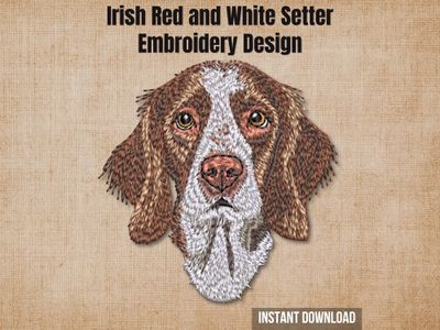 Irish Red and White Setter embroidery mockup on a textured brown background with "Instant Download" text.