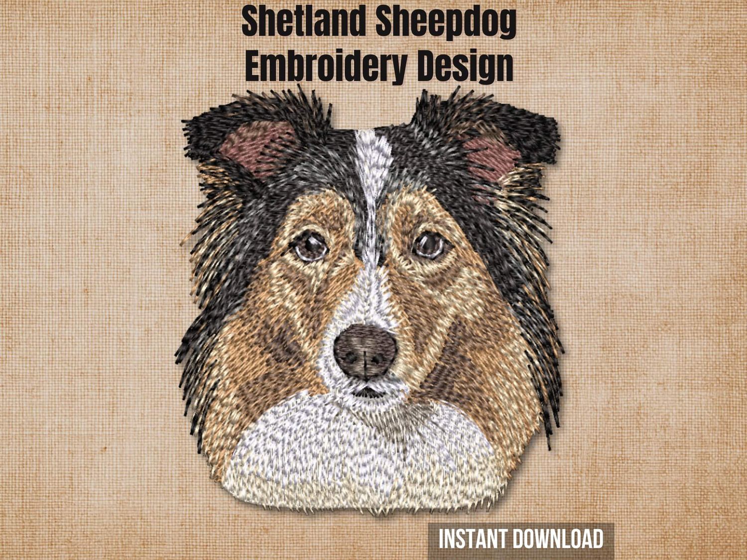 Textured natural burlap background highlighting the tricolor Sheltie machine embroidery design with an instant download badge