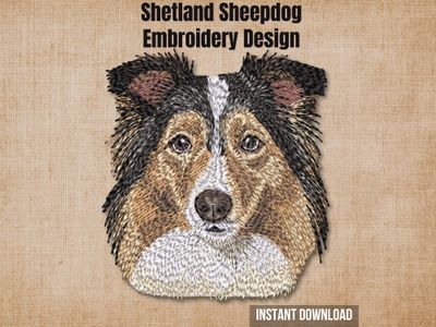 Textured natural burlap background highlighting the tricolor Sheltie machine embroidery design with an instant download badge
