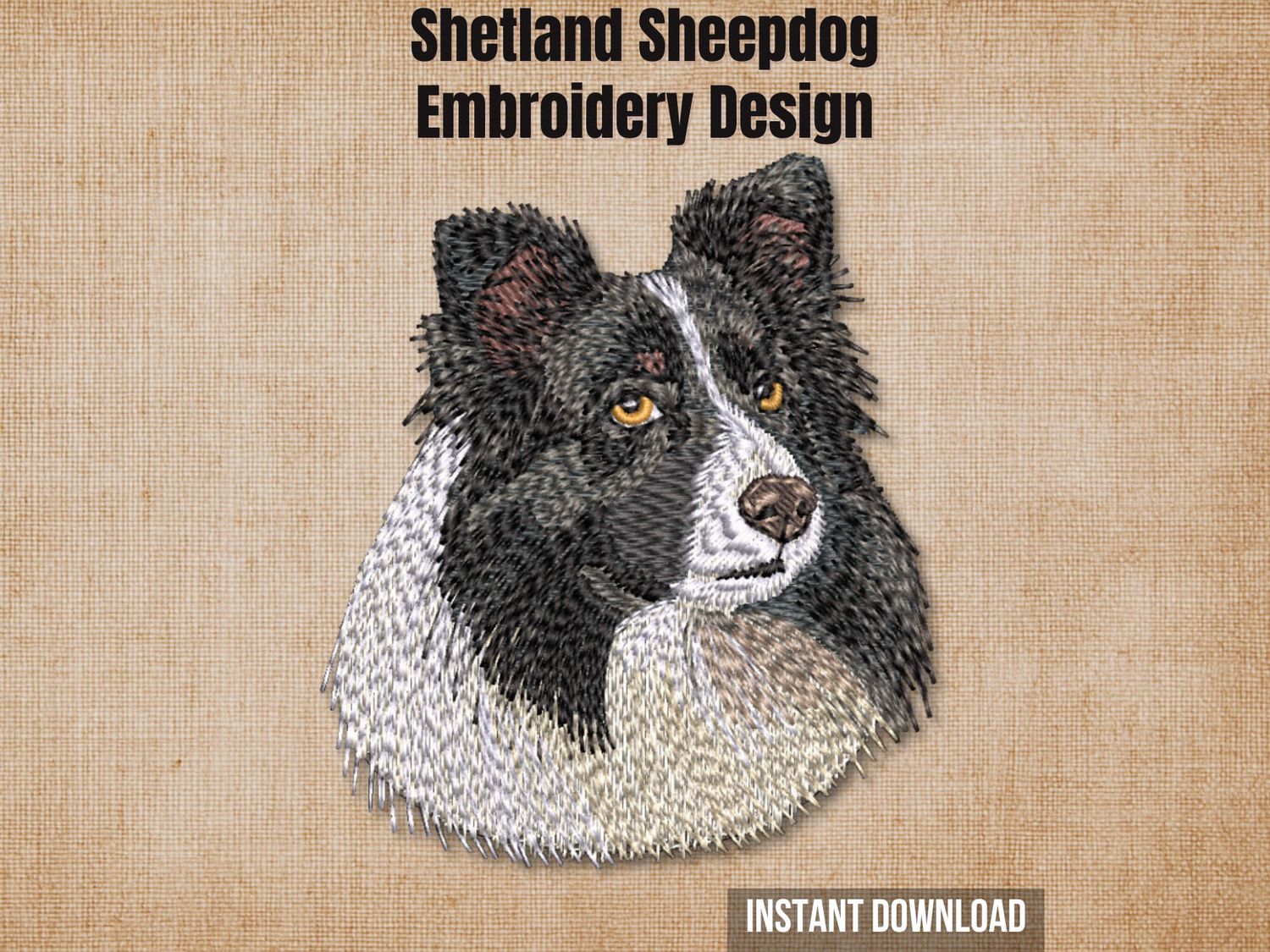 Digital render of a realistic bi-black Shetland Sheepdog embroidery design on textured fabric with text.