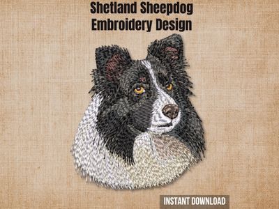 Digital render of a realistic bi-black Shetland Sheepdog embroidery design on textured fabric with text.