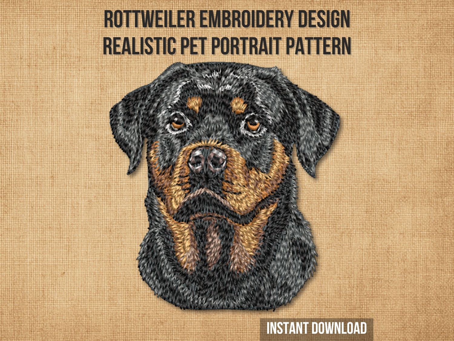 Embroidery of a Rottweiler dog head in black and tan tones with detailed fur texture and shading on a light fabric background