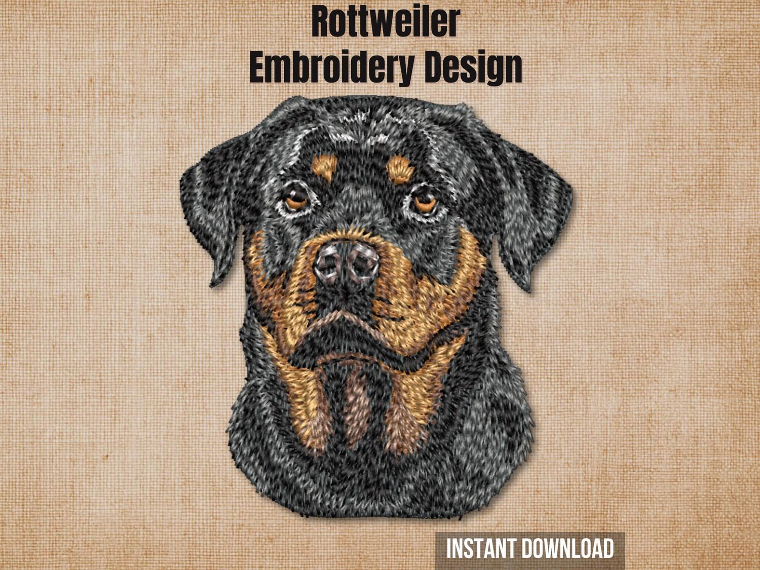 Digital render of a realistic Rottweiler dog embroidery design on textured fabric with text.