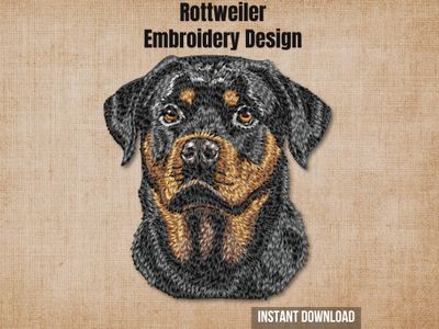 Digital render of a realistic Rottweiler dog embroidery design on textured fabric with text.