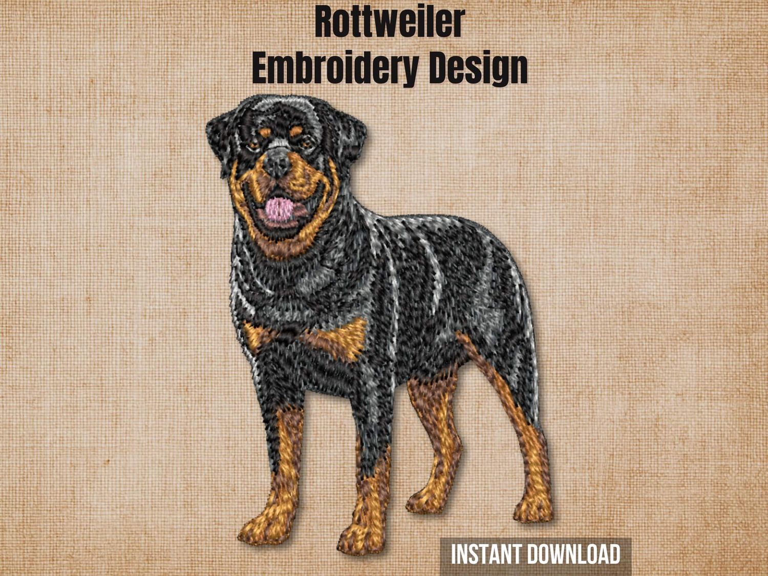 Textured burlap background highlighting the Rottweiler full-body machine embroidery design with an instant download badge