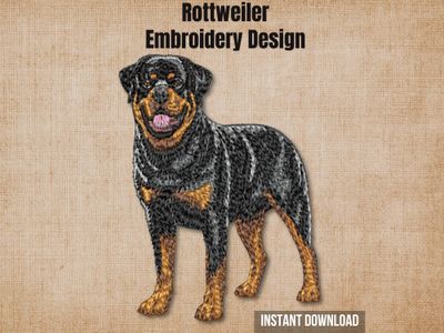 Textured burlap background highlighting the Rottweiler full-body machine embroidery design with an instant download badge