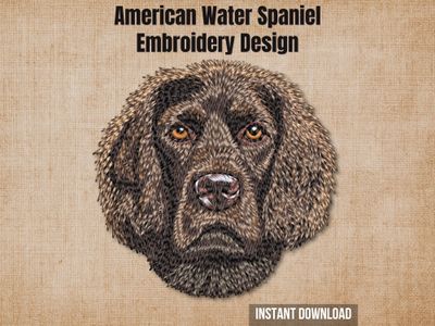 American Water Spaniel embroidery design mockup on brown fabric with "Instant Download" text.