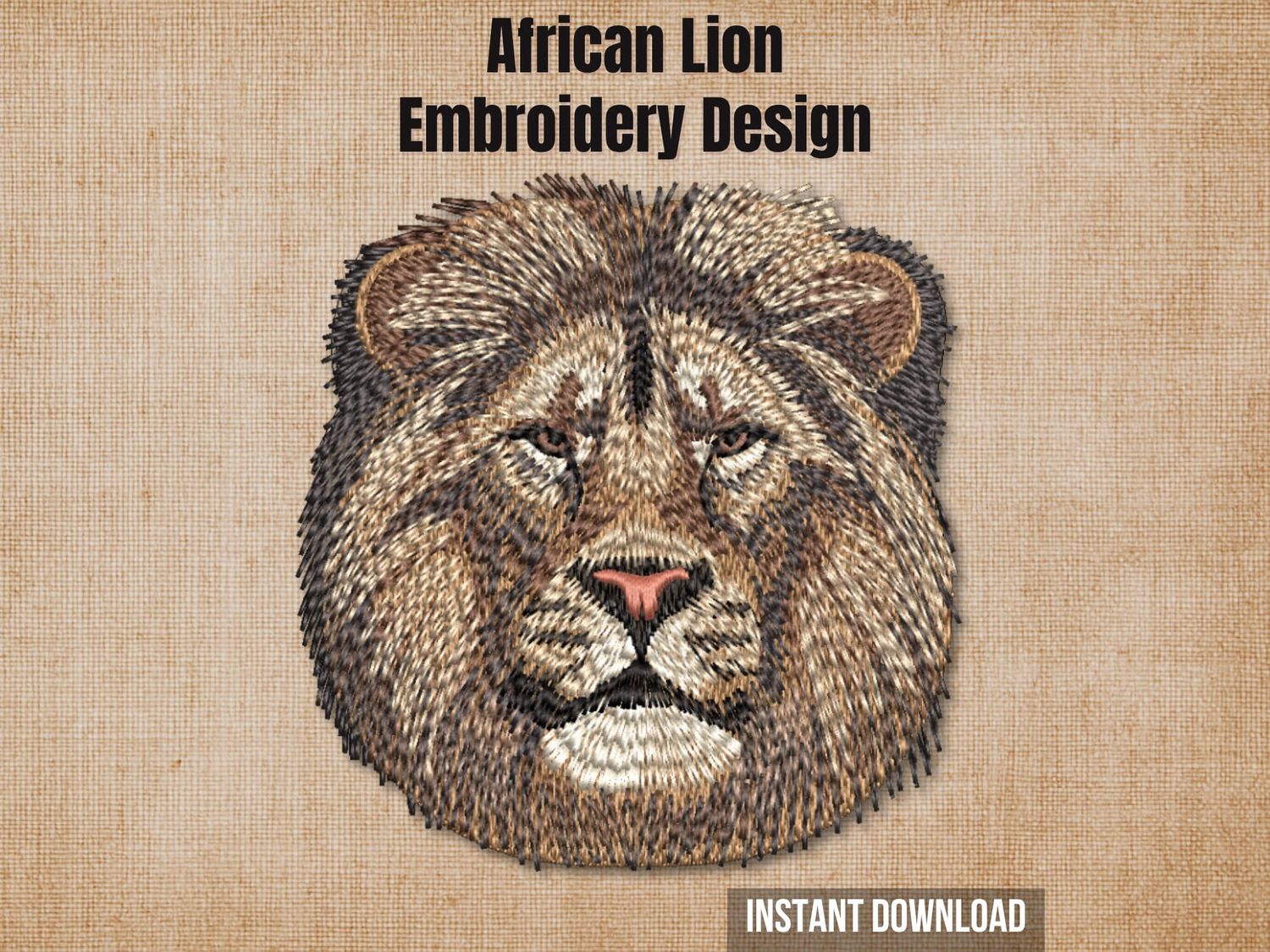 African lion embroidery design mockup on a textured brown background with "Instant Download" text.