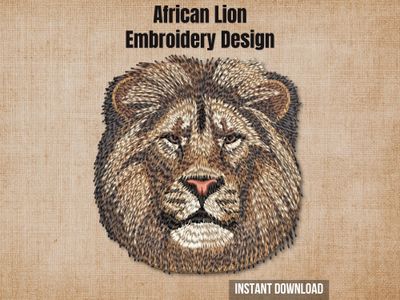 African lion embroidery design mockup on a textured brown background with "Instant Download" text.