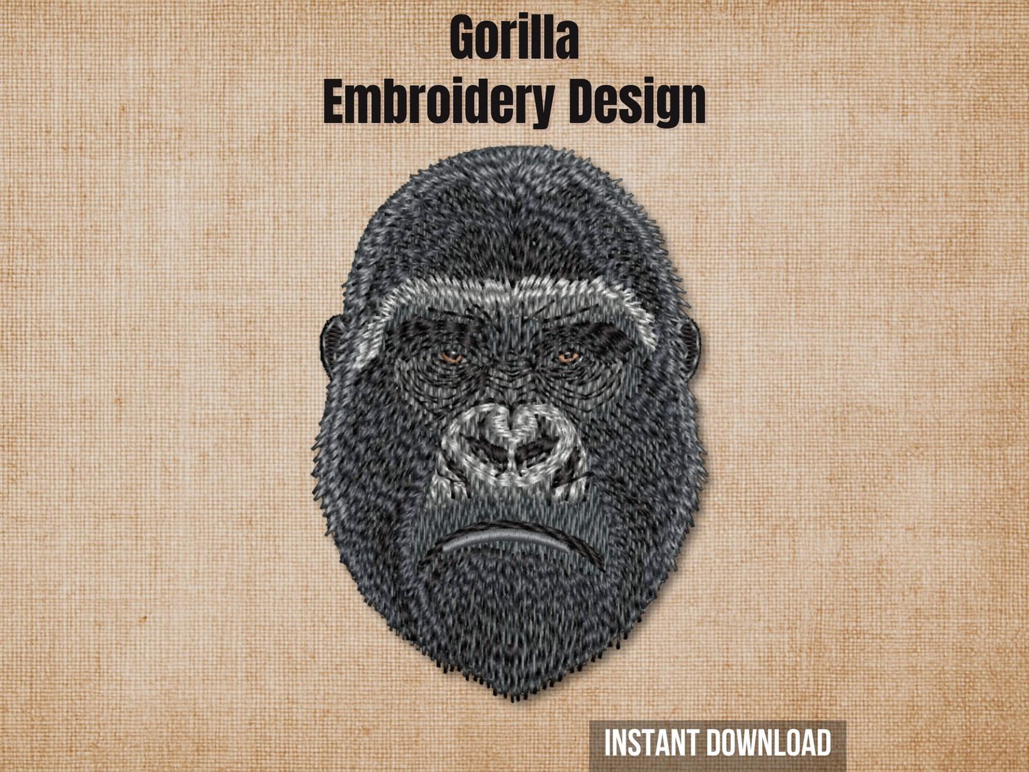 Gorilla embroidery design mockup on a textured brown background with "Instant Download" text.