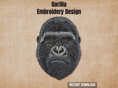 Gorilla embroidery design mockup on a textured brown background with "Instant Download" text.