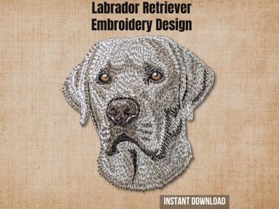 Textured natural burlap background highlighting the Silver Labrador machine embroidery design with an instant download badge