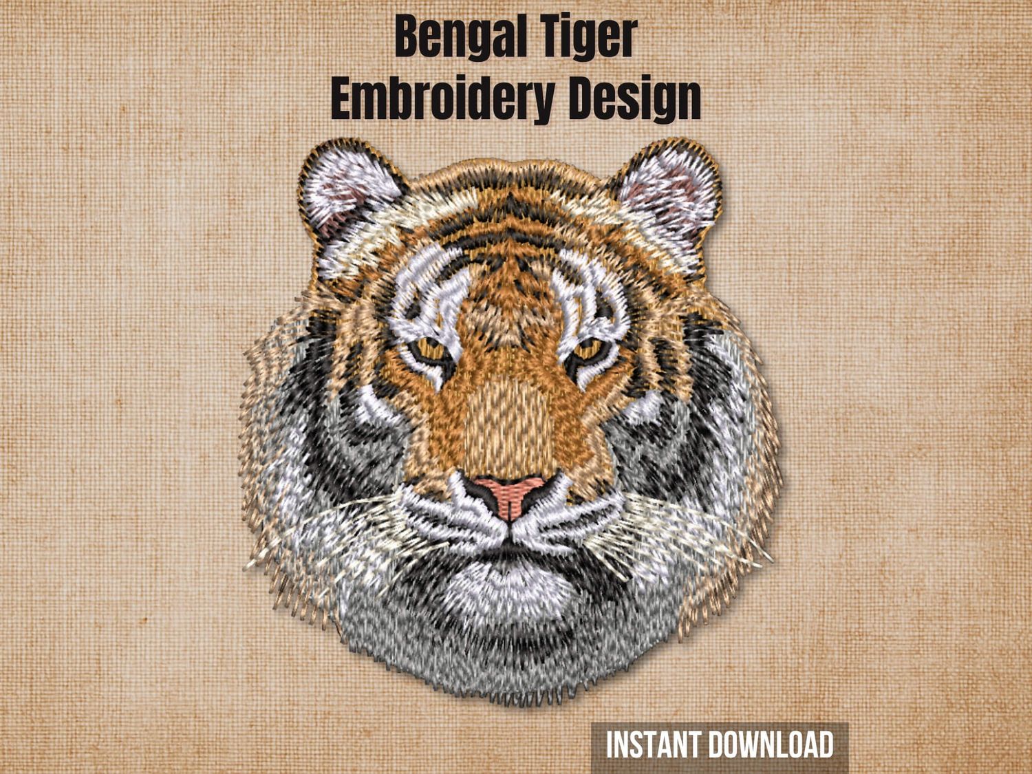 Bengal tiger embroidery design mockup on a textured brown background with "Instant Download" text.
