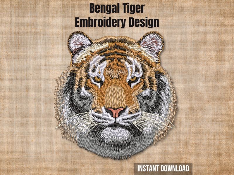 Bengal tiger embroidery design mockup on a textured brown background with "Instant Download" text.
