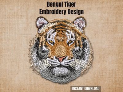 Bengal tiger embroidery design mockup on a textured brown background with "Instant Download" text.