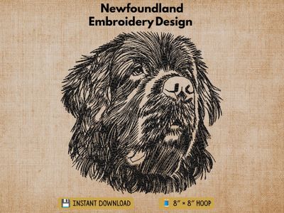 Textured burlap background highlighting the Newfoundland outline machine embroidery design with an instant download tag
