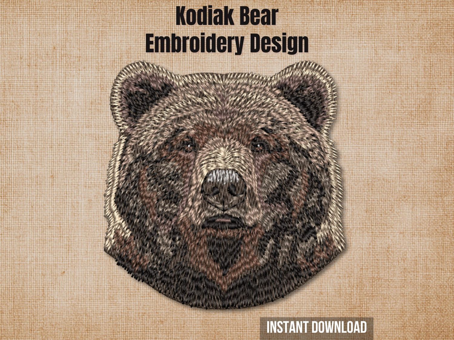 Kodiak bear embroidery design mockup on a textured brown background with "Instant Download" text.