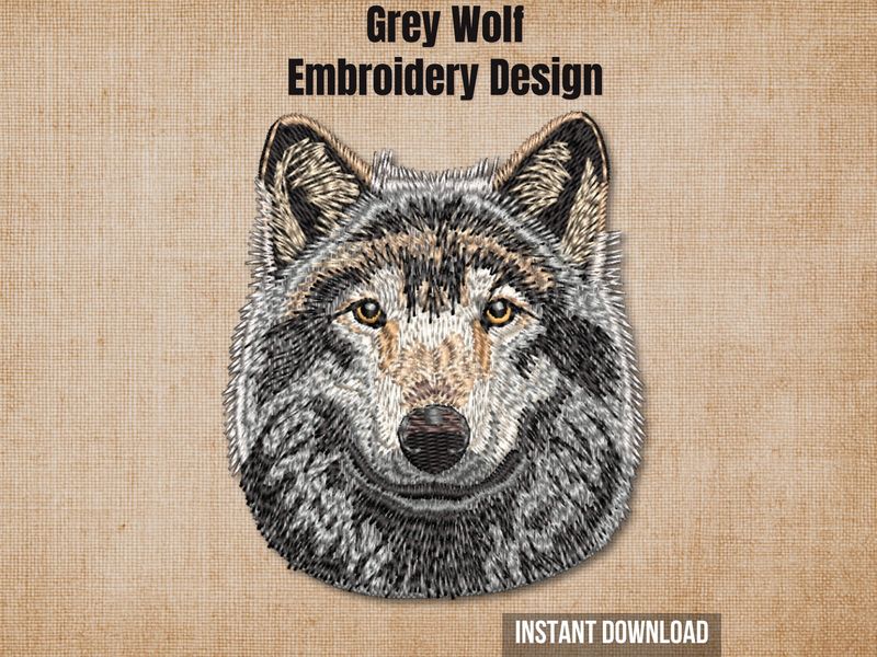 Cover graphic featuring a front-view realistic Grey Wolf embroidery design on a textured burlap background.
