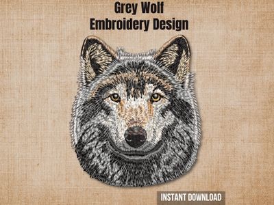 Cover graphic featuring a front-view realistic Grey Wolf embroidery design on a textured burlap background.