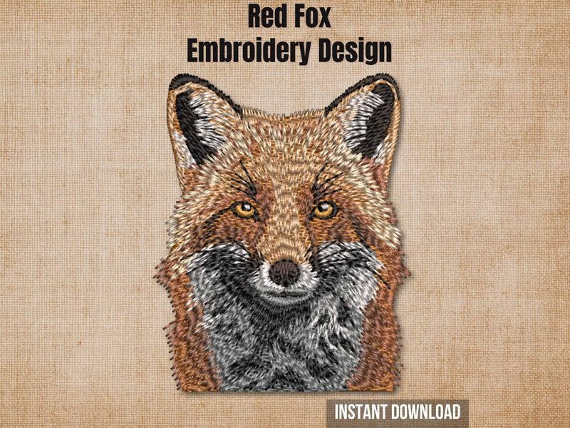 Digital render of a realistic Red Fox embroidery design on textured fabric with text.