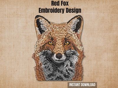 Digital render of a realistic Red Fox embroidery design on textured fabric with text.