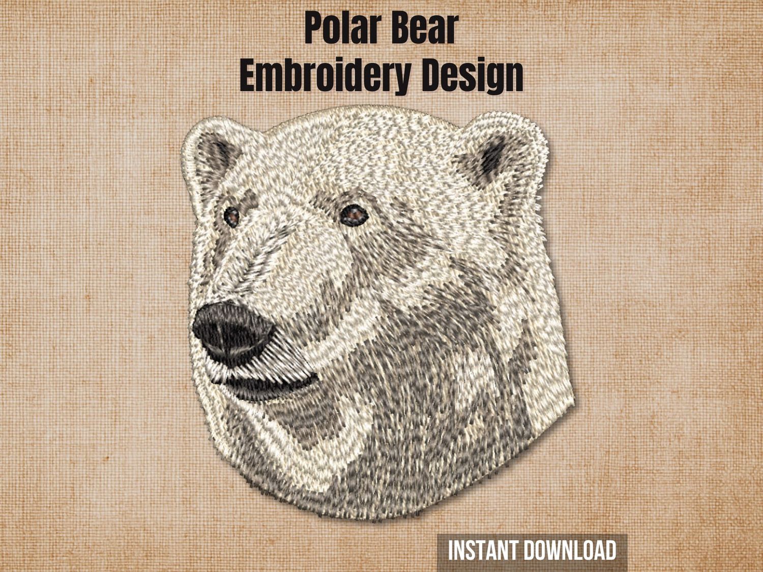 Polar bear embroidery design mockup on a textured brown background with "Instant Download" text.