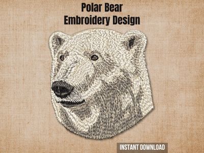 Polar bear embroidery design mockup on a textured brown background with "Instant Download" text.