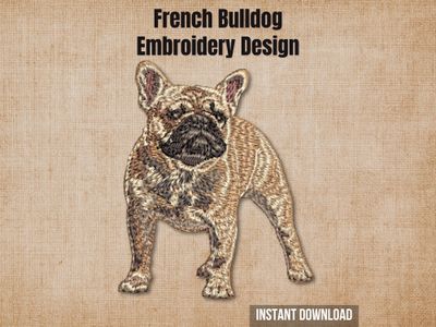 French Bulldog embroidery design mockup on a textured brown background with "Instant Download" text.