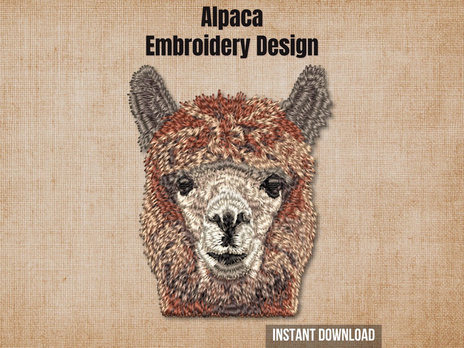 Alpaca embroidery design mockup on a textured brown background with "Instant Download" text.