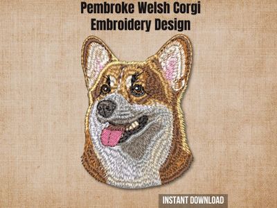 Textured burlap background highlighting the Pembroke Welsh Corgi machine embroidery design with an instant download badge