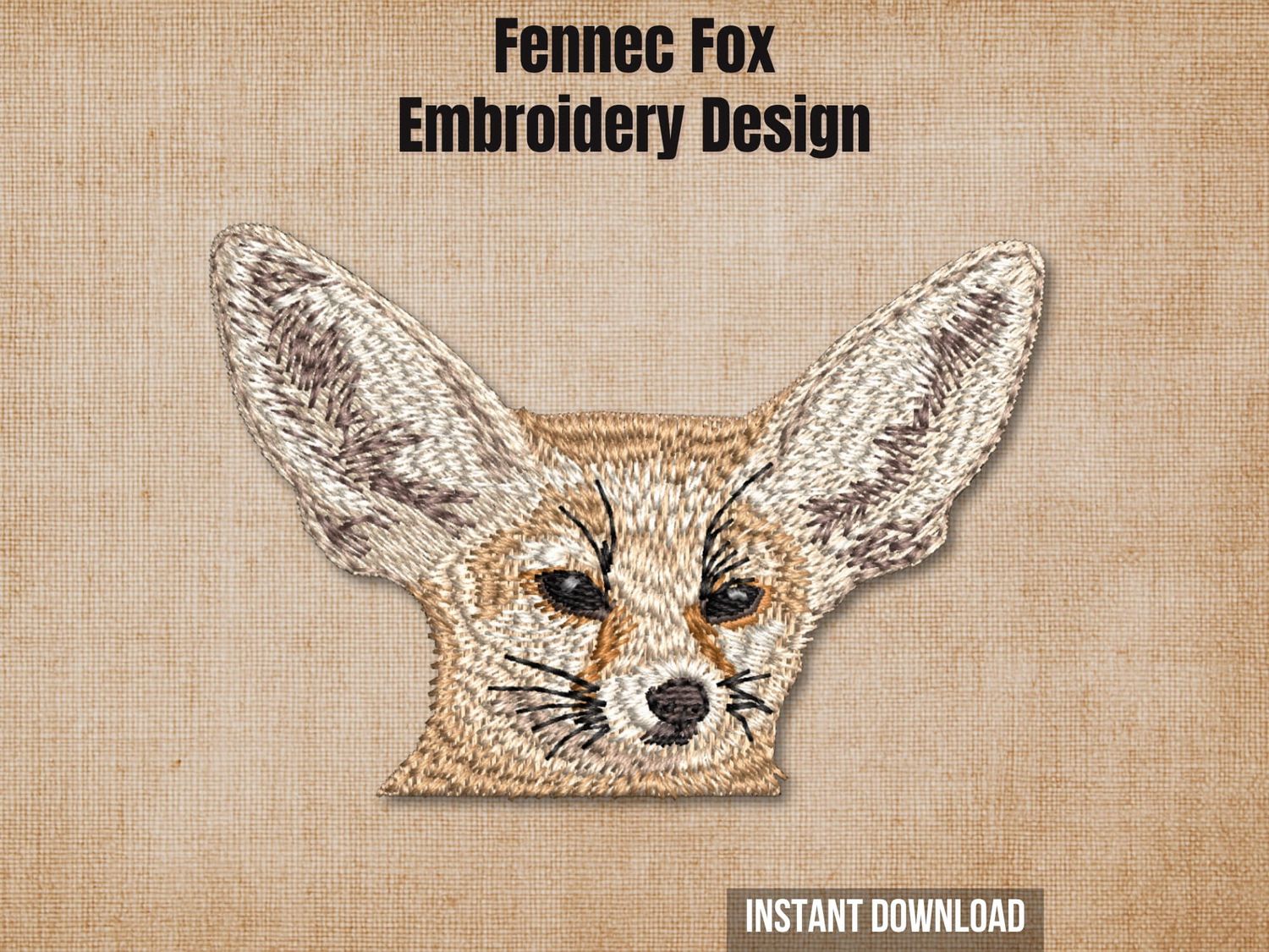 Fennec fox embroidery design mockup on a textured brown background with "Instant Download" text.
