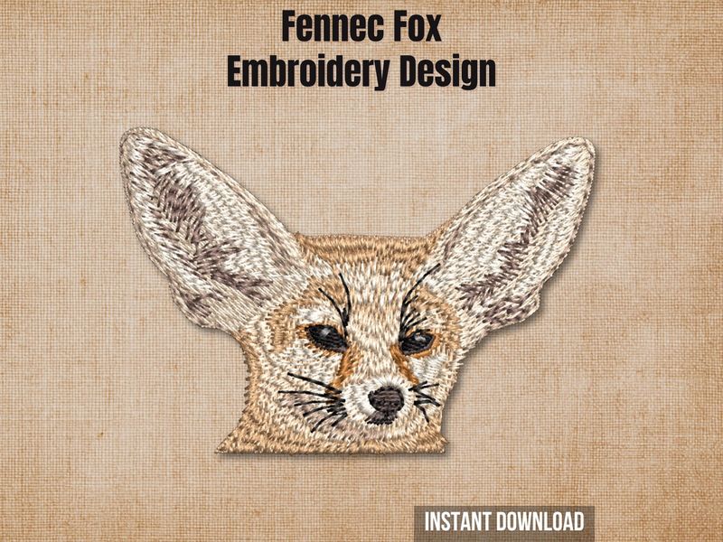 Fennec fox embroidery design mockup on a textured brown background with "Instant Download" text.