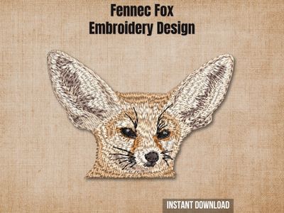 Fennec fox embroidery design mockup on a textured brown background with "Instant Download" text.