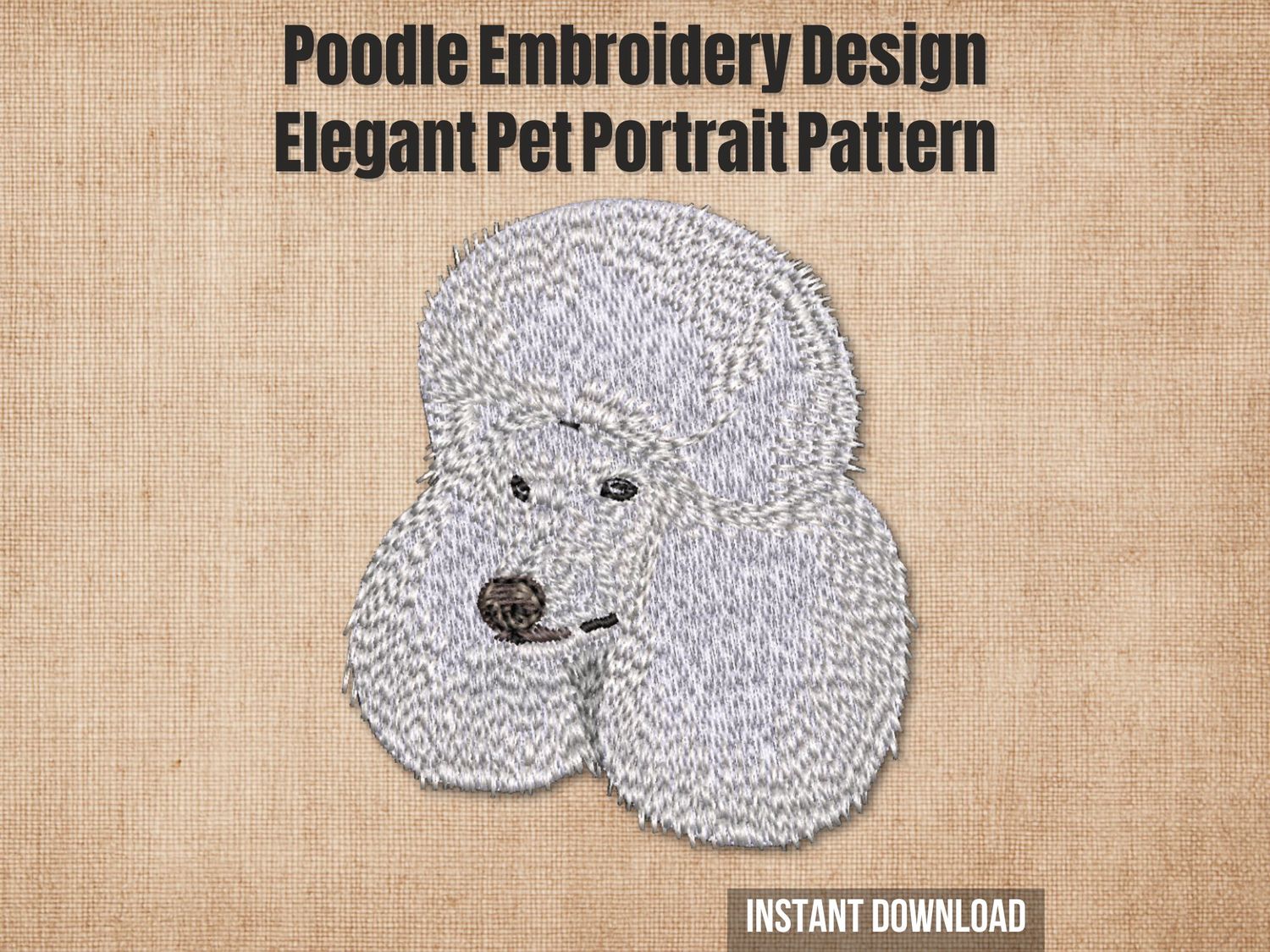 Embroidery of a Poodle dog in silver and white thread with fluffy fur texture and elegant face on a beige fabric background.