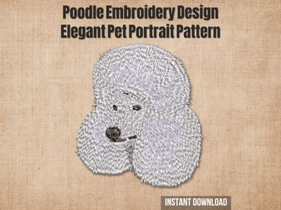 Embroidery of a Poodle dog in silver and white thread with fluffy fur texture and elegant face on a beige fabric background.