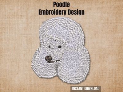 Poodle embroidery design mockup on a textured brown background with "Instant Download" text.