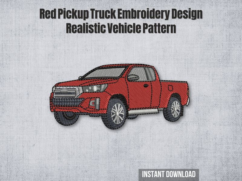 Embroidery of a red pickup truck with black and silver details, realistic wheels on a light gray fabric background.