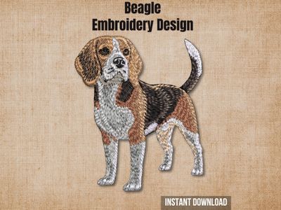 Digital render of a realistic full-body tricolor Beagle embroidery design on textured fabric with text.