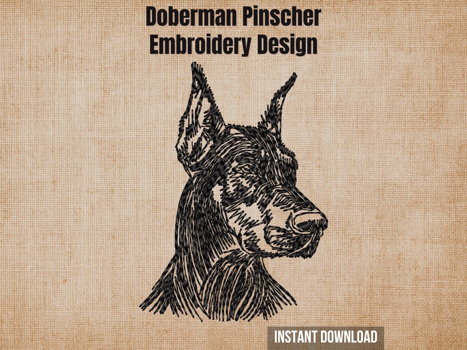 Doberman Pinscher embroidery design mockup on a beige linen background with "Instant Download" text.