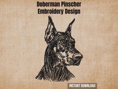 Doberman Pinscher embroidery design mockup on a beige linen background with "Instant Download" text.