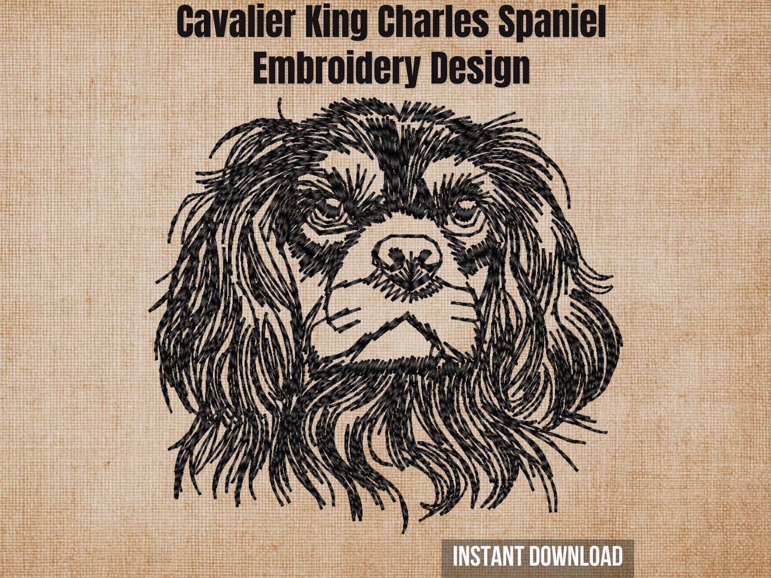 Digital render of a Cavalier King Charles Spaniel blackwork embroidery design on textured fabric with text.