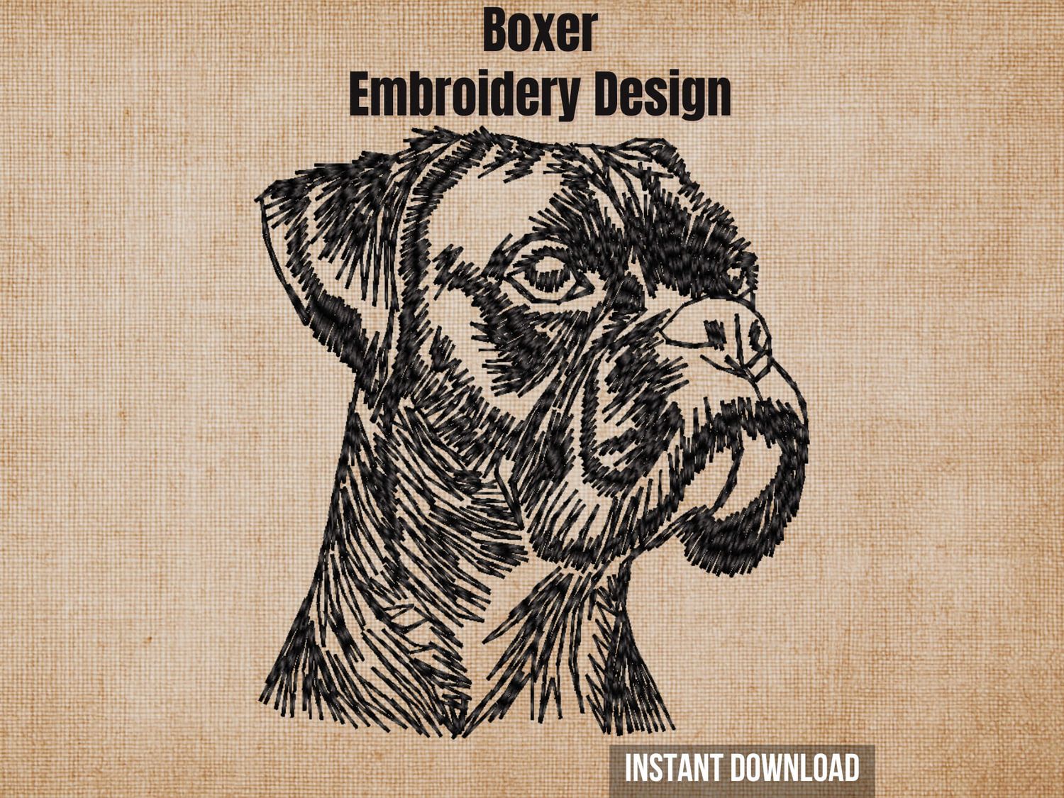 Digital render of a German Boxer sketch embroidery design on textured fabric with text.