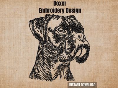 Digital render of a German Boxer sketch embroidery design on textured fabric with text.
