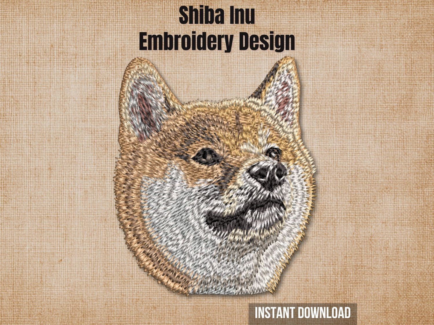 Shiba Inu embroidery design mockup on a textured brown background with "Instant Download" text.