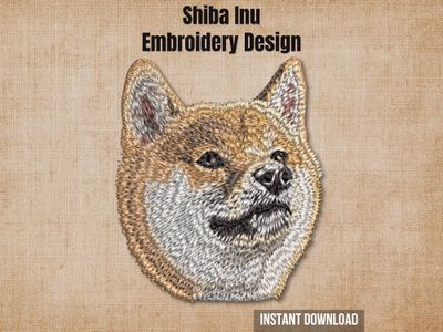 Shiba Inu embroidery design mockup on a textured brown background with "Instant Download" text.