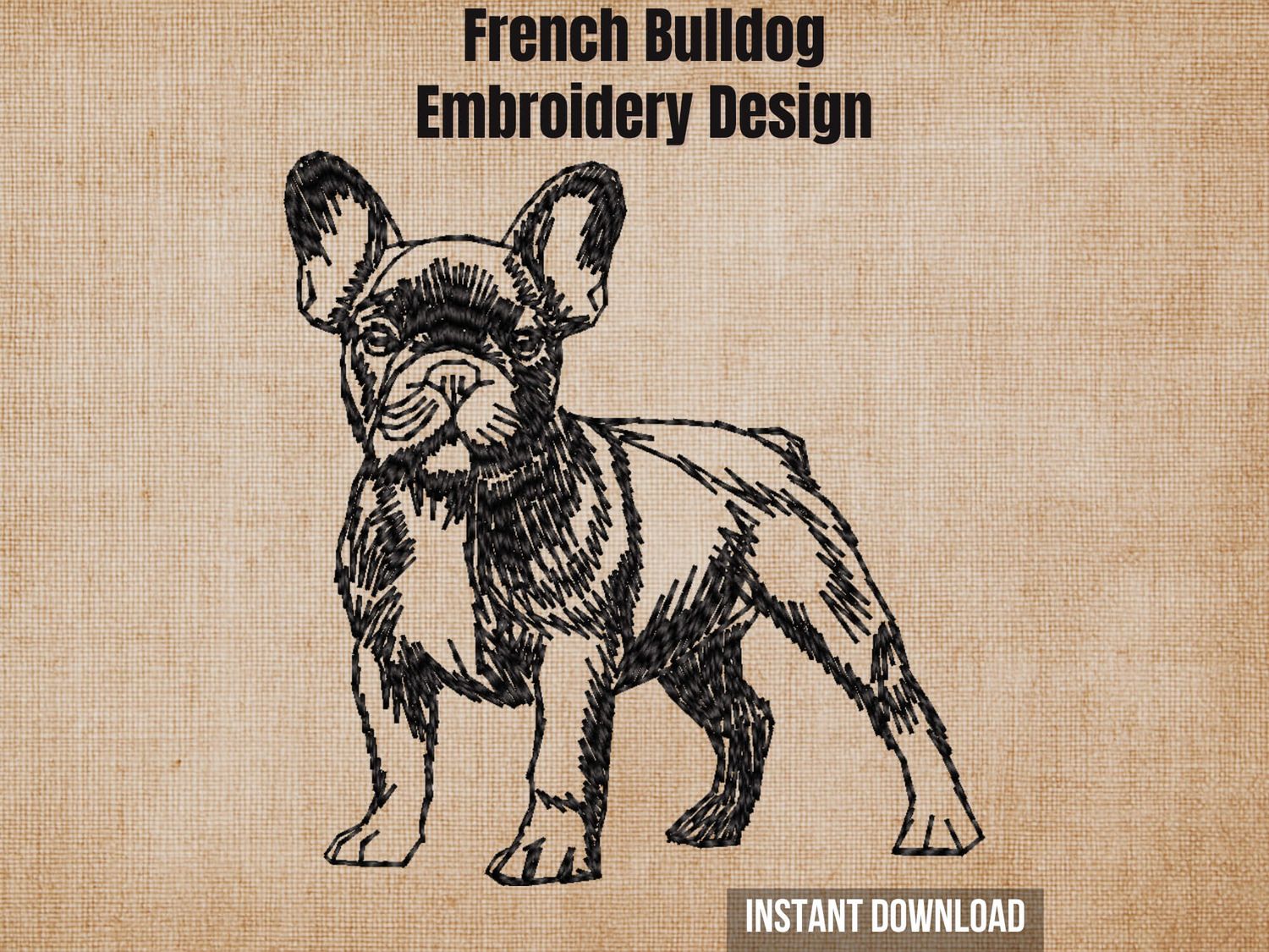Digital render of a full-body blackwork outline French Bulldog embroidery design on textured fabric with text.