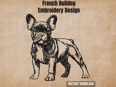 Digital render of a full-body blackwork outline French Bulldog embroidery design on textured fabric with text.