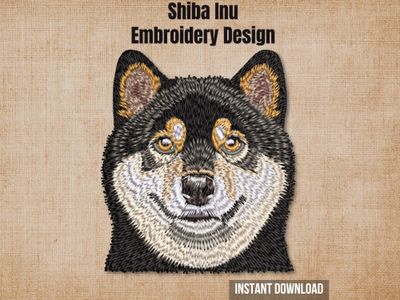 Textured burlap background highlighting the Black and Tan Shiba Inu machine embroidery design with an instant download tag