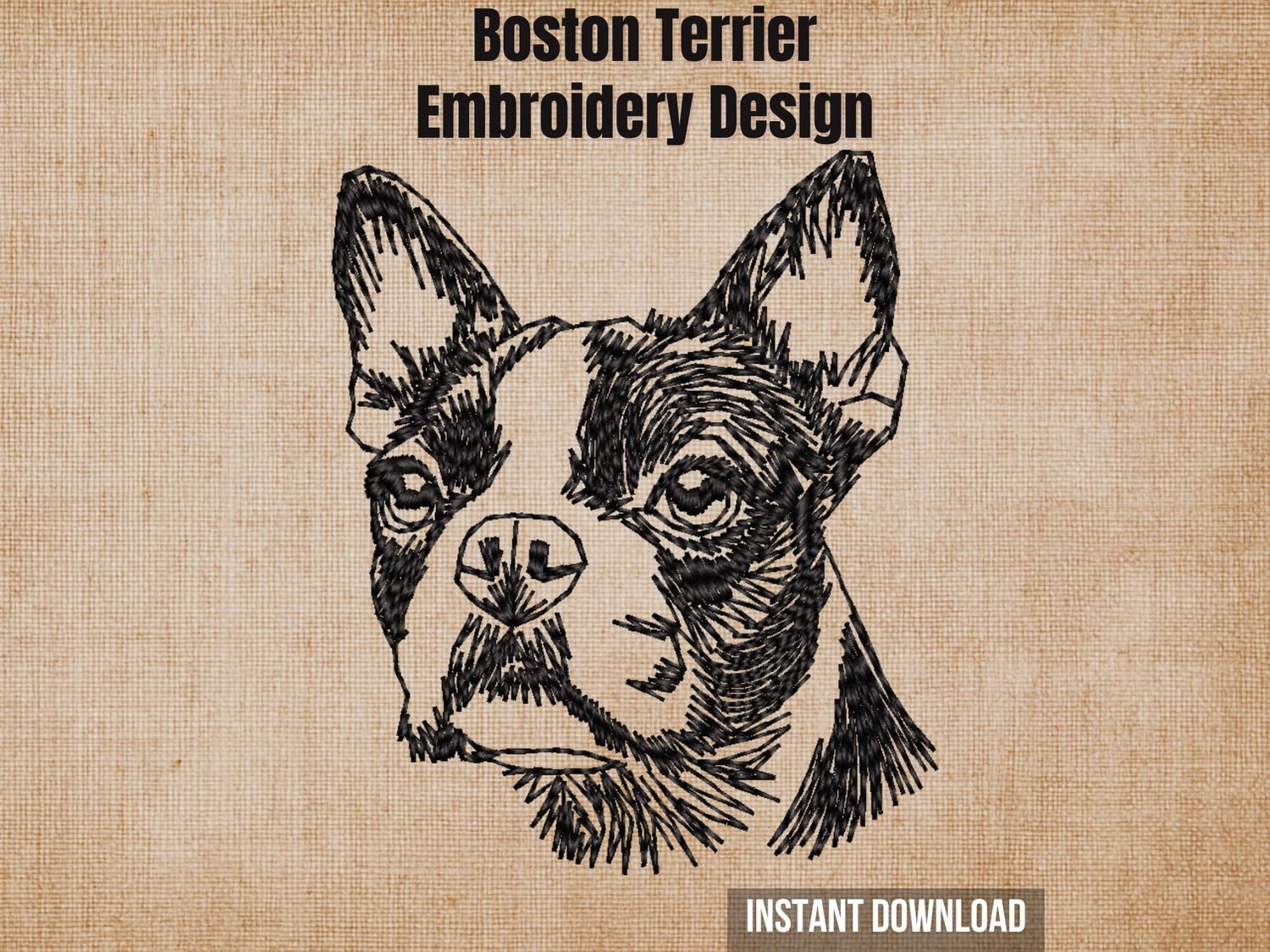 Digital render of a Boston Terrier blackwork embroidery design on textured fabric with text.