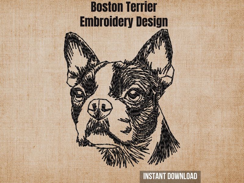 Digital render of a Boston Terrier blackwork embroidery design on textured fabric with text.